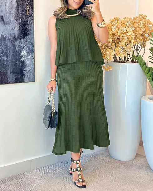 2 Pieces Outfit Sleeveless Loose A Line Pleated Knit Tank and High Waist Midi Fishtail Skirt Set dark green