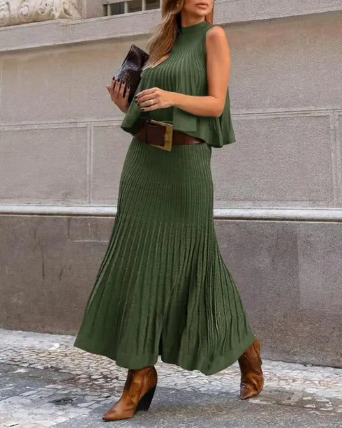 2 Pieces Outfit Sleeveless Loose A Line Pleated Knit Tank and High Waist Midi Fishtail Skirt Set dark green