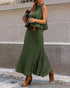 2 Pieces Outfit Sleeveless Loose A Line Pleated Knit Tank and High Waist Midi Fishtail Skirt Set dark green
