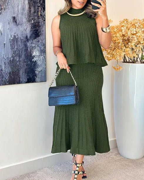 2 Pieces Outfit Sleeveless Loose A Line Pleated Knit Tank and High Waist Midi Fishtail Skirt Set dark green
