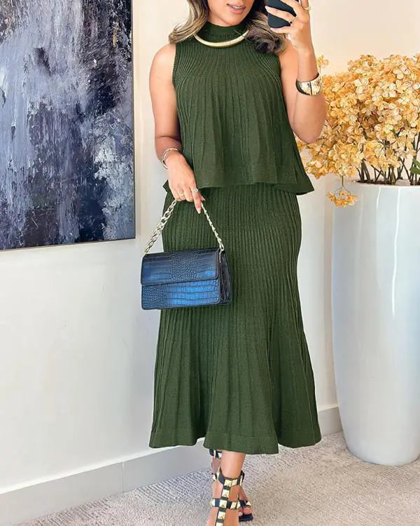2 Pieces Outfit Sleeveless Loose A Line Pleated Knit Tank and High Waist Midi Fishtail Skirt Set dark green