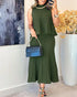 2 Pieces Outfit Sleeveless Loose A Line Pleated Knit Tank and High Waist Midi Fishtail Skirt Set dark green