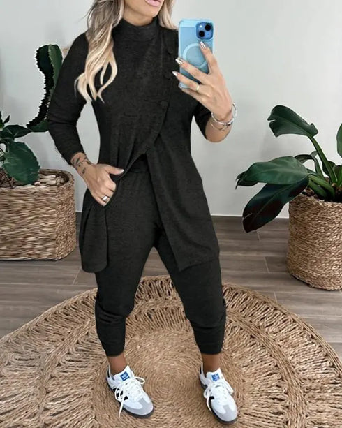 2 Piece Sequin Heart Pattern Mock Neck Long Sleeve Slit Top Leopard Print High Waist Cuffed Pants Lounge Sets black