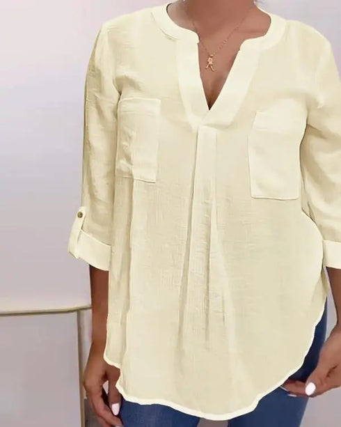 V-Neck Roll Up Sleeve Back Button Blouse Casual Top with Pocket light yellow