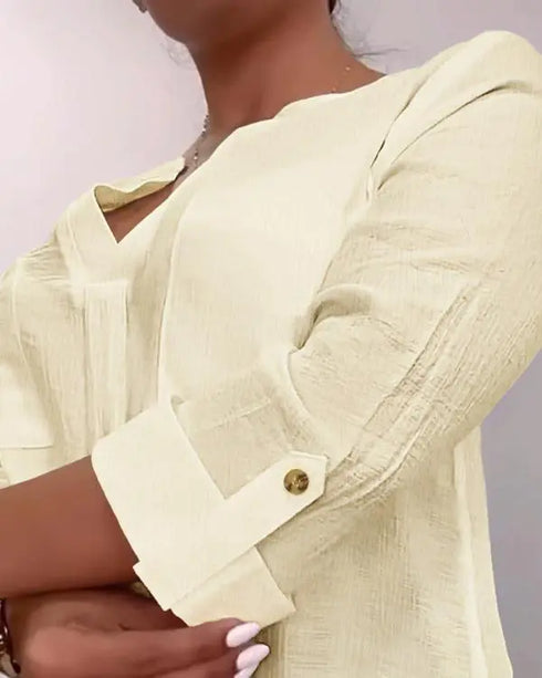 V-Neck Roll Up Sleeve Back Button Blouse Casual Top with Pocket light yellow