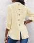 V-Neck Roll Up Sleeve Back Button Blouse Casual Top with Pocket light yellow