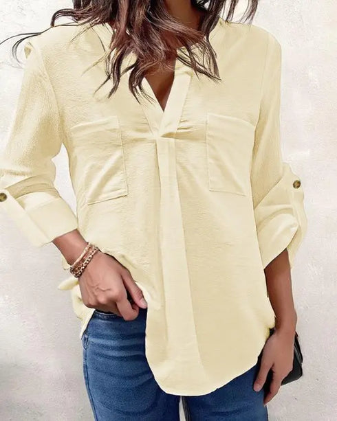 V-Neck Roll Up Sleeve Back Button Blouse Casual Top with Pocket light yellow
