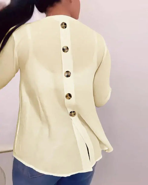 V-Neck Roll Up Sleeve Back Button Blouse Casual Top with Pocket light yellow