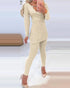 2 Piece Outfits Long Sleeve Beaded Side Slit Knit Top High Waist Skinny Pants Lounge Sets Apricot