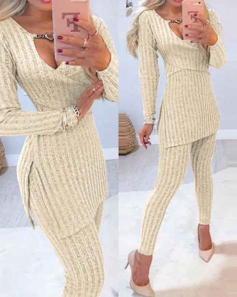 2 Piece Outfits Long Sleeve Beaded Side Slit Knit Top High Waist Skinny Pants Lounge Sets Apricot