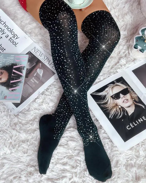 1Pair Christmas Striped Print Rhinestone Decor Long Socks style1