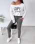 2 Pieces Outfit Long Sleeve Skew Neck Pullover Top and Drawstring Elastic Waist Slim Fit Pants Set gray