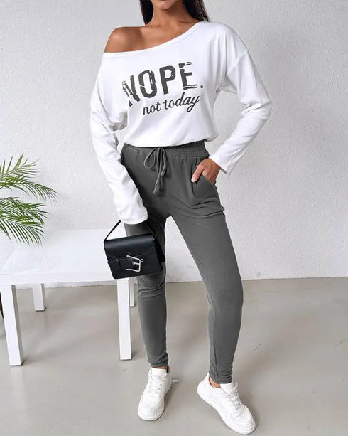 2 Piece Faith Geometric Print Outfit Long Sleeve Skew Neck Pullover Tops Stretchy Waist Pants Set Tracksuit gray