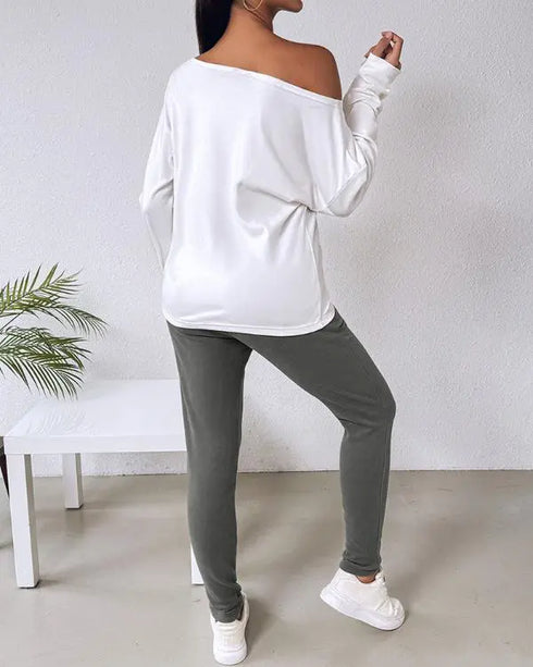 2 Piece Faith Geometric Print Outfit Long Sleeve Skew Neck Pullover Tops Stretchy Waist Pants Set Tracksuit gray