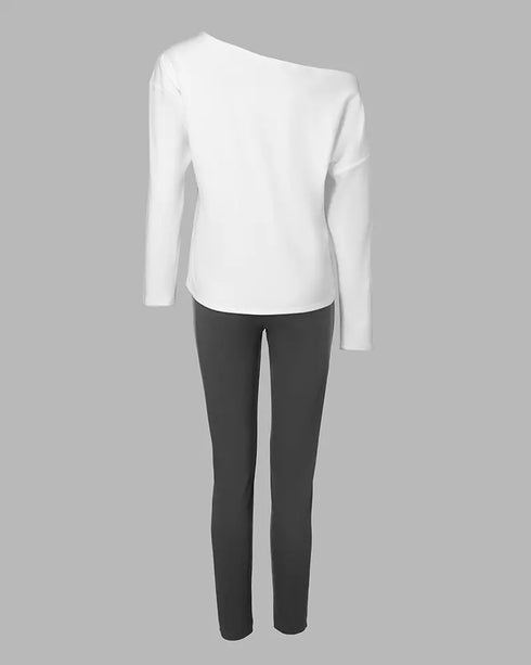 2 Pieces Outfit NOPE. not today Slogan Print Skew Neck Long Sleeve Pullover Top and Casual Drawstring Stretchy Waist Slim Fit Pants Set gray