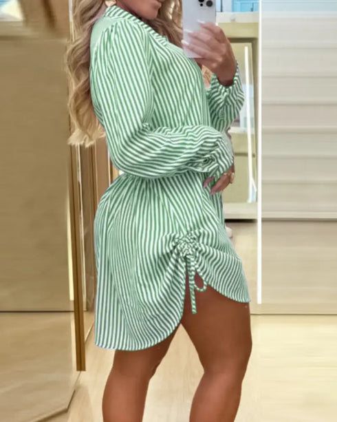 Plaid Pattern Side Drawstring Buttoned Shirt Dress green
