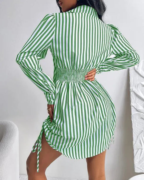 Button Down Shirt Dress Roll Tab Sleeve Side Drawstring Mini Dresses green