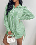 Button Down Shirt Dress Roll Tab Sleeve Side Drawstring Mini Dresses green