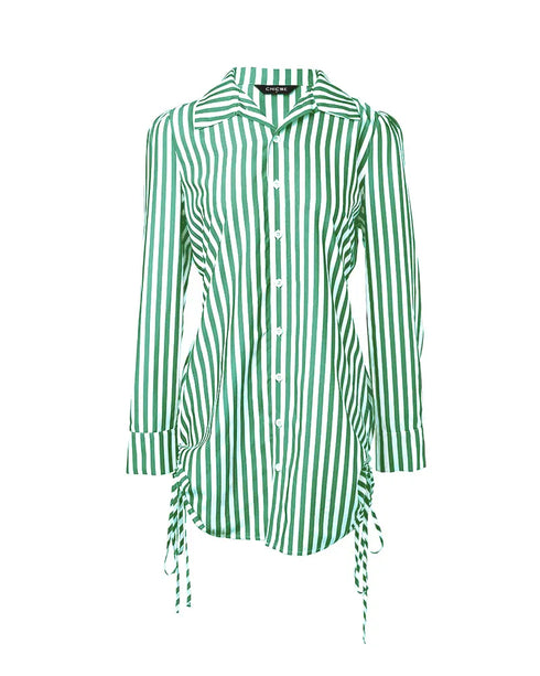 Button Down Shirt Dress Roll Tab Sleeve Side Drawstring Mini Dresses green