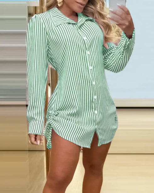 Plaid Pattern Side Drawstring Buttoned Shirt Dress green
