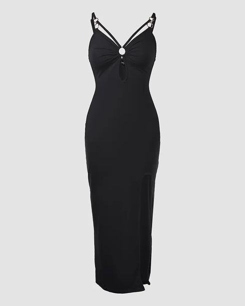 Deep V-Neck Adjustable Spaghetti Straps Hollow-out Slit Slip Dress Slim Fit Vacation Dress black