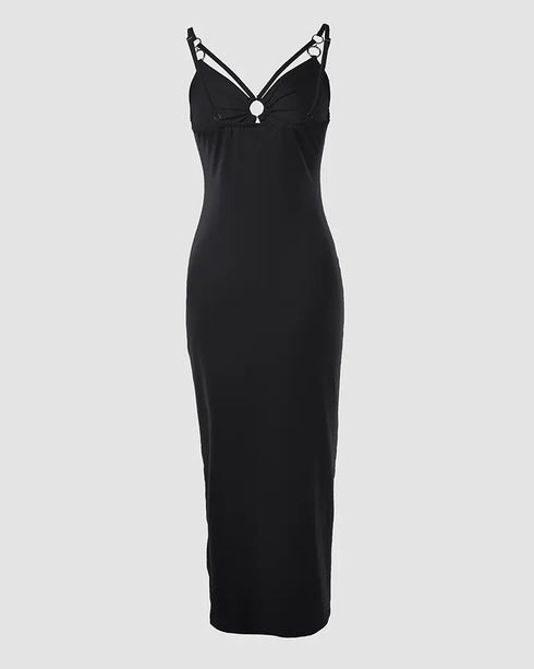 Metal Ring Decor V-Neck Adjustable Spaghetti Straps Bodycon Dress High Slit Hollow-out Evening Dress black