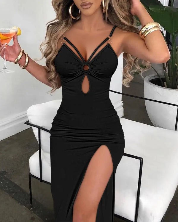 Deep V-Neck Adjustable Spaghetti Straps Hollow-out Slit Slip Dress Slim Fit Vacation Dress black