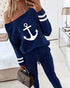 Anchor Print Striped Skew Neck Top & Pants Set blue