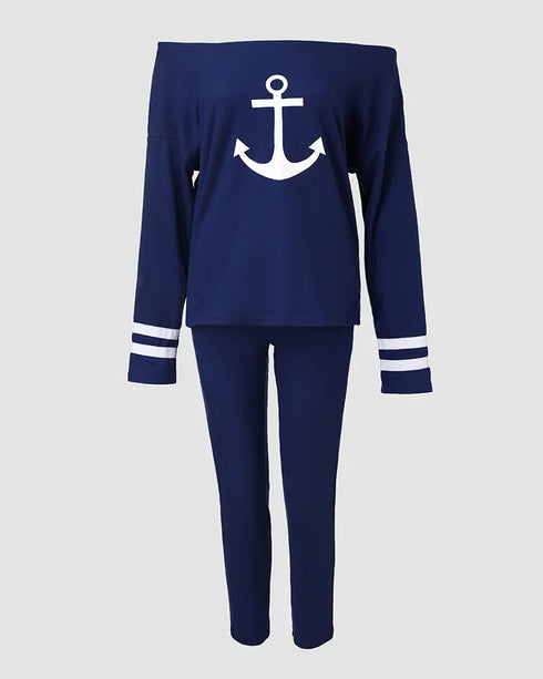 2 Pieces Outfit NOPE. not today Slogan Print Skew Neck Long Sleeve Pullover Top and Casual Drawstring Stretchy Waist Slim Fit Pants Set blue