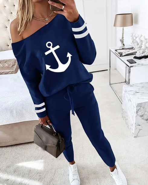 2 Pieces Outfit Long Sleeve Skew Neck Pullover Top and Drawstring Elastic Waist Slim Fit Pants Set blue