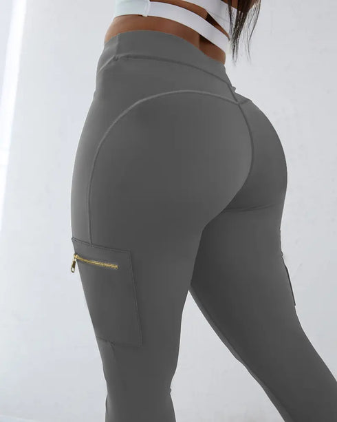 Butt Lifting Leggings with Flap Pockets High Waist Tummy Control Workout Cargo Pants gray
