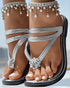 Rhinestone Floral Pattern Toe Post Beach Slippers silver