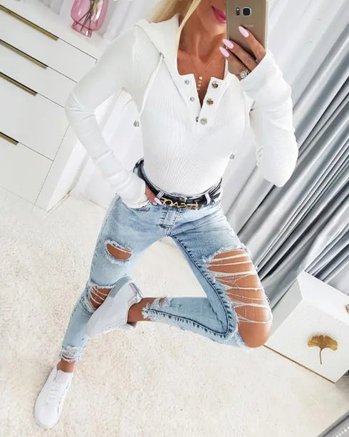 Hooded Long Sleeve Button Front Hoodie Casual Sweatshirt white