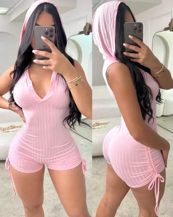 Side Drawstring Slim Fit Sleeveless Hooded Romper pink