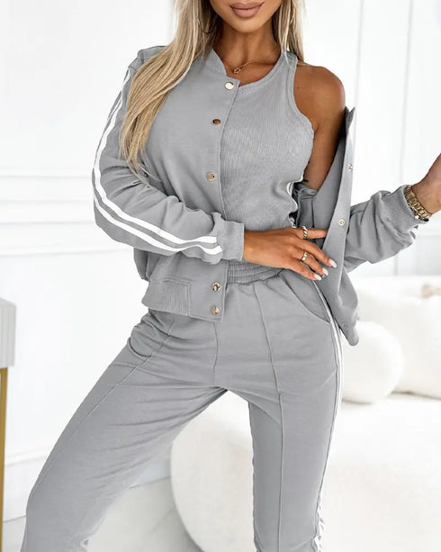 3 Pieces Outfit Snap Buttons Front Coat and Elastic Waist Seam Front Stretchy Cuffs Pants Set with Tank Top Casual Contrast Side Striped Tracksuit gray