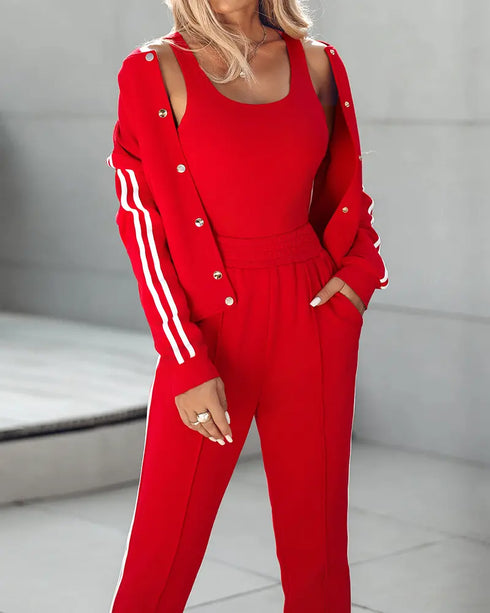 3 Pieces Outfit Sporty Striped Long Sleeve Baseball Coat and Ribbed Knit Tank with Slim Fit Slit Skirt Set gray