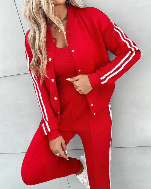 3 Pieces Outfit Sporty Striped Long Sleeve Baseball Coat and Ribbed Knit Tank with Slim Fit Slit Skirt Set gray