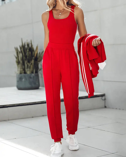 3 Pieces Outfit Snap Buttons Front Coat and Elastic Waist Seam Front Stretchy Cuffs Pants Set with Tank Top Casual Contrast Side Striped Tracksuit gray