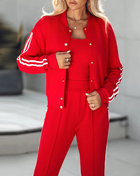 3 Pieces Outfit Sporty Striped Long Sleeve Baseball Coat and Ribbed Knit Tank with Slim Fit Slit Skirt Set gray