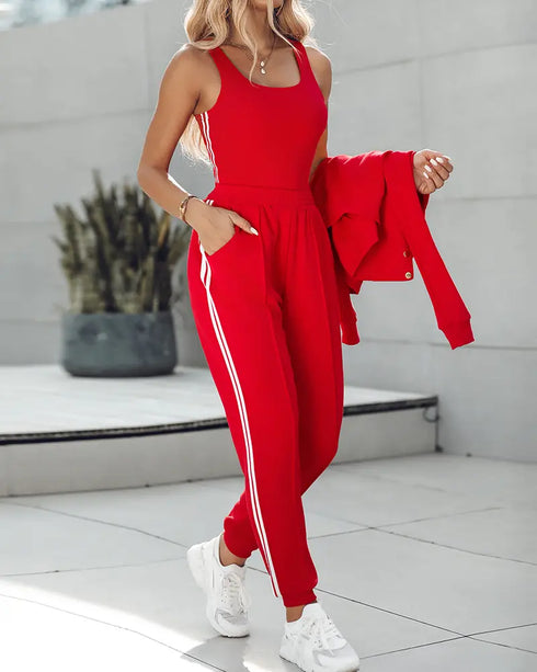 3 Pieces Outfit Sporty Striped Long Sleeve Baseball Coat and Ribbed Knit Tank with Slim Fit Slit Skirt Set gray