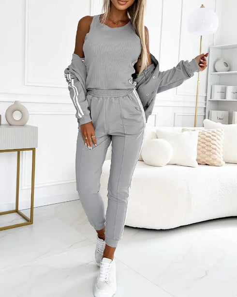 3 Pieces Outfit Sporty Striped Long Sleeve Baseball Coat and Ribbed Knit Tank with Slim Fit Slit Skirt Set gray