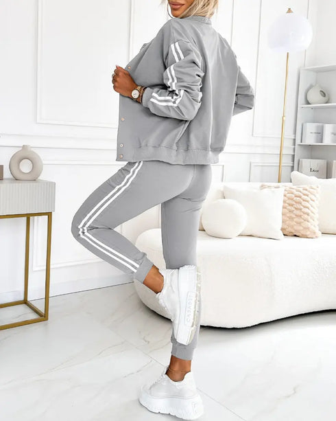 3 Pieces Outfit Snap Buttons Front Coat and Elastic Waist Seam Front Stretchy Cuffs Pants Set with Tank Top Casual Contrast Side Striped Tracksuit gray
