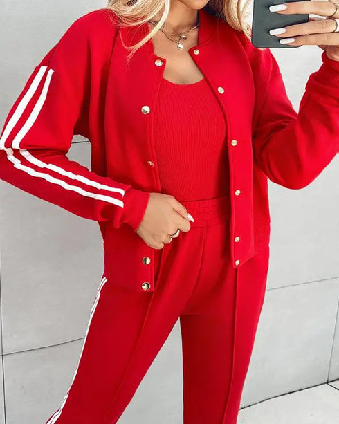 3 Pieces Outfit Snap Buttons Front Coat and Elastic Waist Seam Front Stretchy Cuffs Pants Set with Tank Top Casual Contrast Side Striped Tracksuit gray