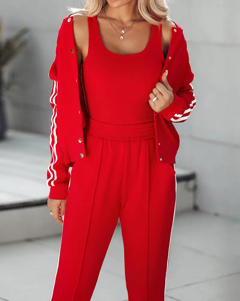 3 Pieces Outfit Sporty Striped Long Sleeve Baseball Coat and Ribbed Knit Tank with Slim Fit Slit Skirt Set gray