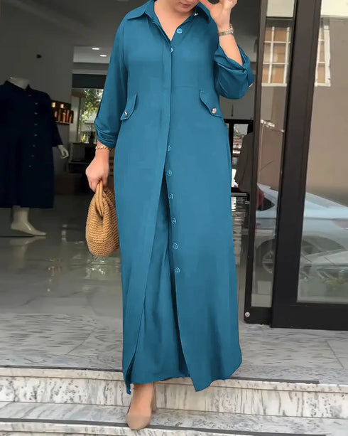 2 Pieces Outfit Turn-down Collar Turn-Up Sleeves Button Front Asymmetrical Hem Longline Blouse and Casual Elastic Waist Wide Leg Pants Set turquoise blue