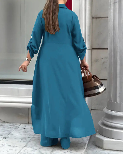 2 Pieces Outfit Turn-down Collar Turn-Up Sleeves Button Front Asymmetrical Hem Longline Blouse and Casual Elastic Waist Wide Leg Pants Set turquoise blue