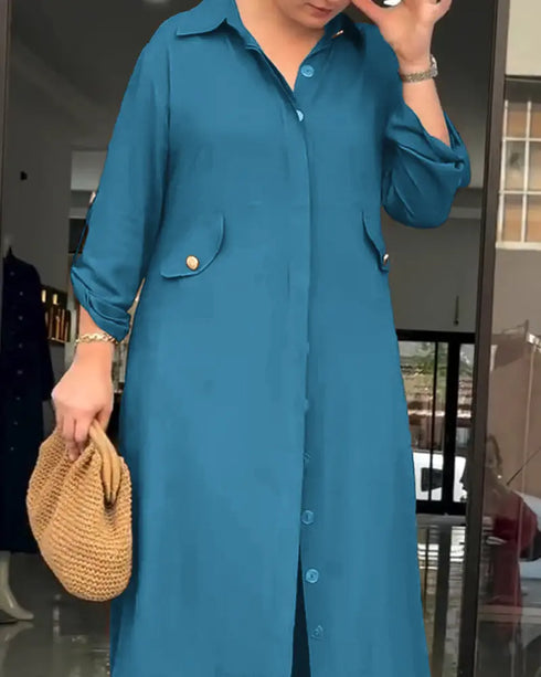 2 Pieces Outfit Turn-down Collar Turn-Up Sleeves Button Front Asymmetrical Hem Longline Blouse and Casual Elastic Waist Wide Leg Pants Set turquoise blue