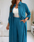 2 Pieces Outfit Turn-down Collar Turn-Up Sleeves Button Front Asymmetrical Hem Longline Blouse and Casual Elastic Waist Wide Leg Pants Set turquoise blue