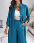 2 Pieces Outfit Turn-down Collar Turn-Up Sleeves Button Front Asymmetrical Hem Longline Blouse and Casual Elastic Waist Wide Leg Pants Set turquoise blue