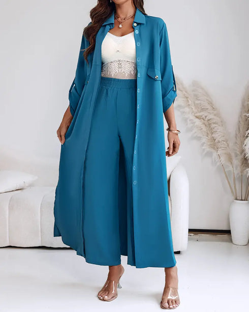 2 Pieces Outfit Turn-down Collar Turn-Up Sleeves Button Front Asymmetrical Hem Longline Blouse and Casual Elastic Waist Wide Leg Pants Set turquoise blue